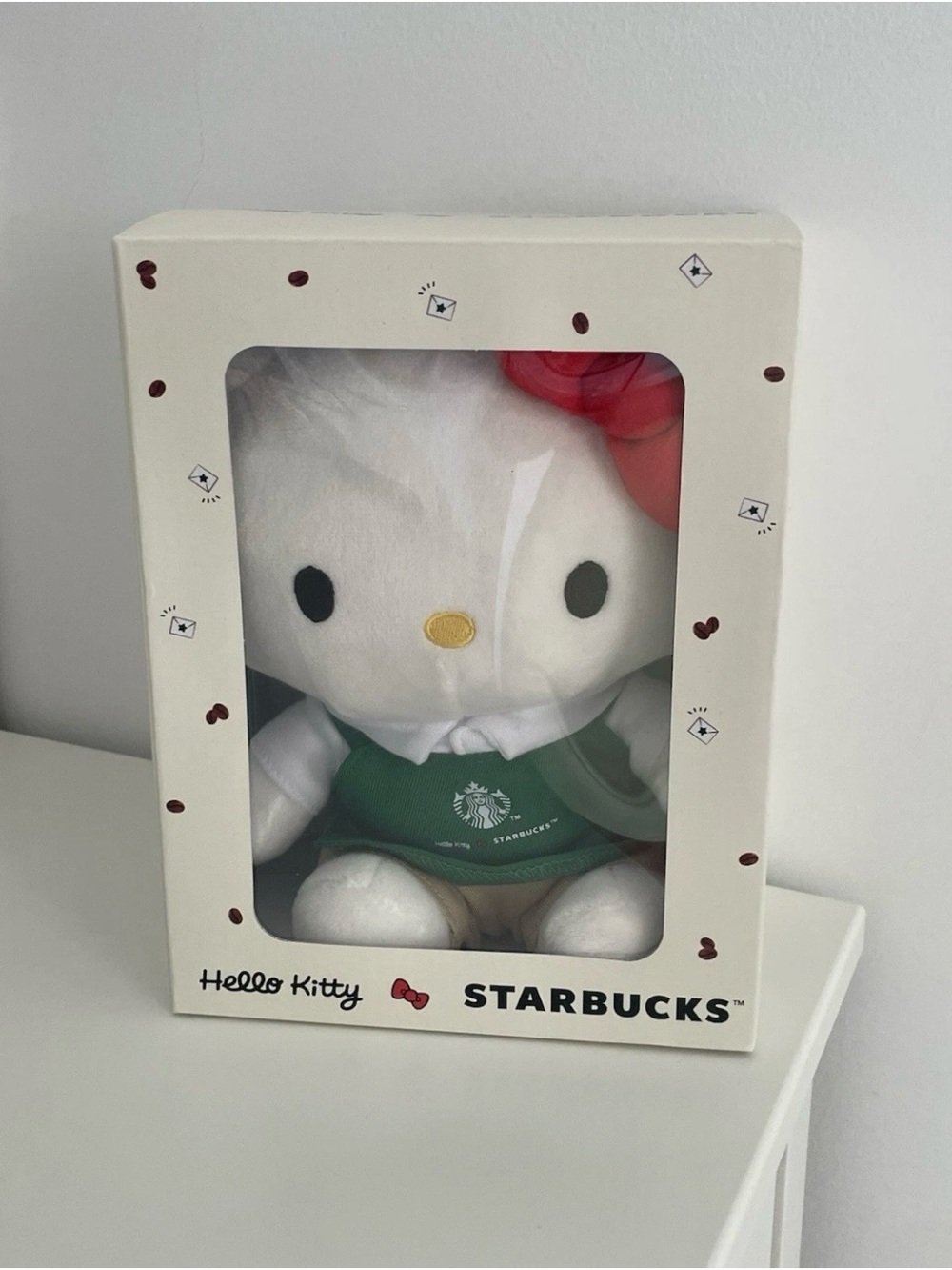 Hello Kitty Plush in Starbucks Green Outfit with Red Bow